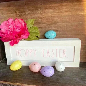 NEW Rae Dunn HOPPY EASTER Cute white wood sign with Pink lettering
